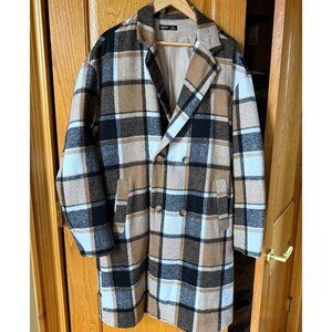 SHEIN Plaid Tan/ Black Long Double Breasted Coat - Men's Medium